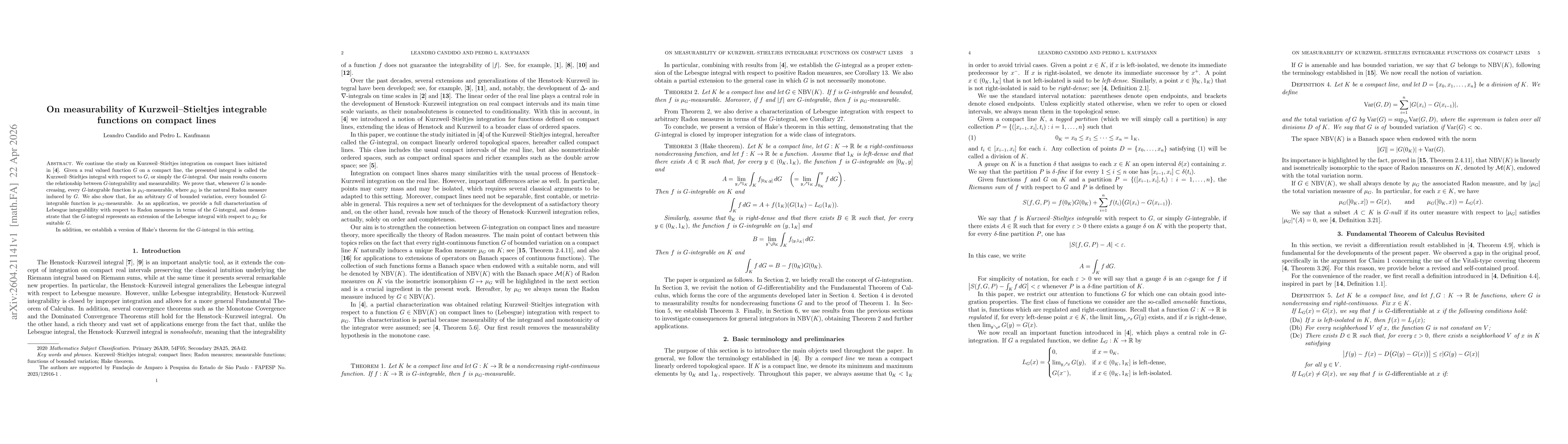 Thumbnail for On measurability of Kurzweil--Stieltjes integrable functions on compact lines