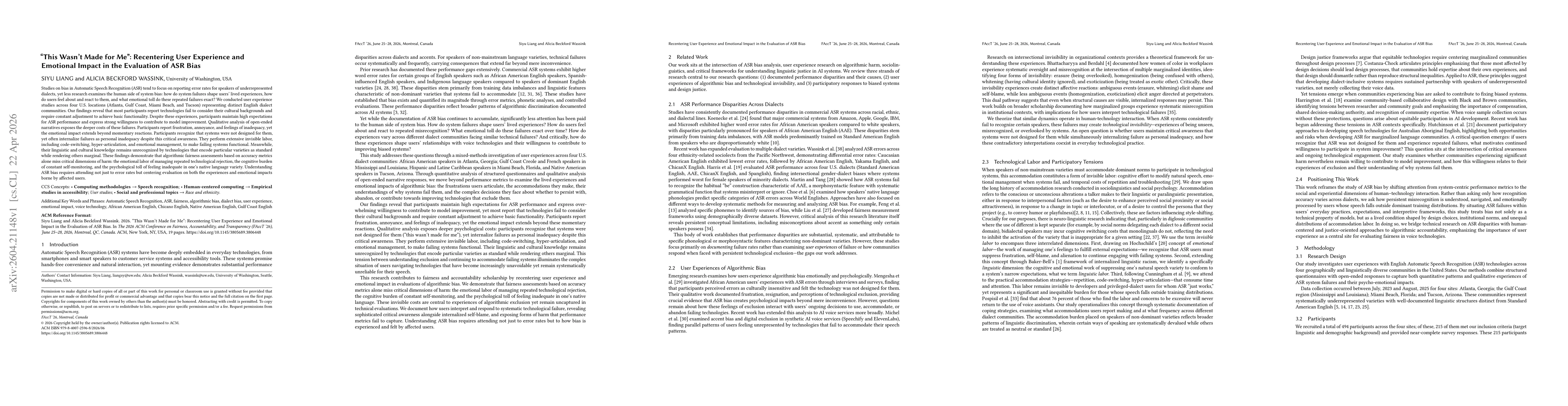 Thumbnail for "This Wasn't Made for Me": Recentering User Experience and Emotional Impact in the Evaluation of ASR Bias