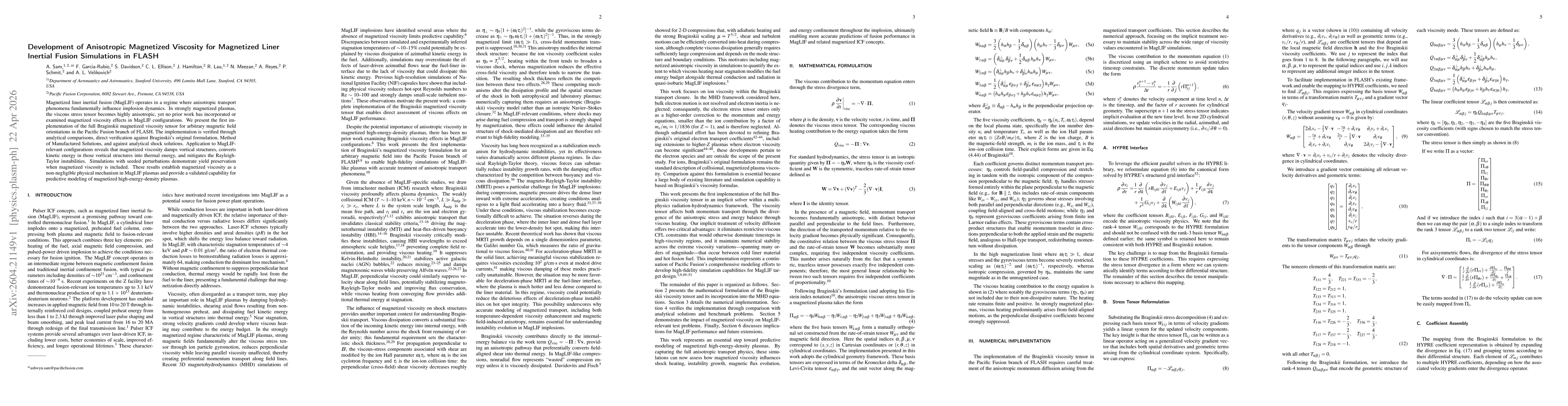 Thumbnail for Development of Anisotropic Magnetized Viscosity for Magnetized Liner Inertial Fusion Simulations in FLASH