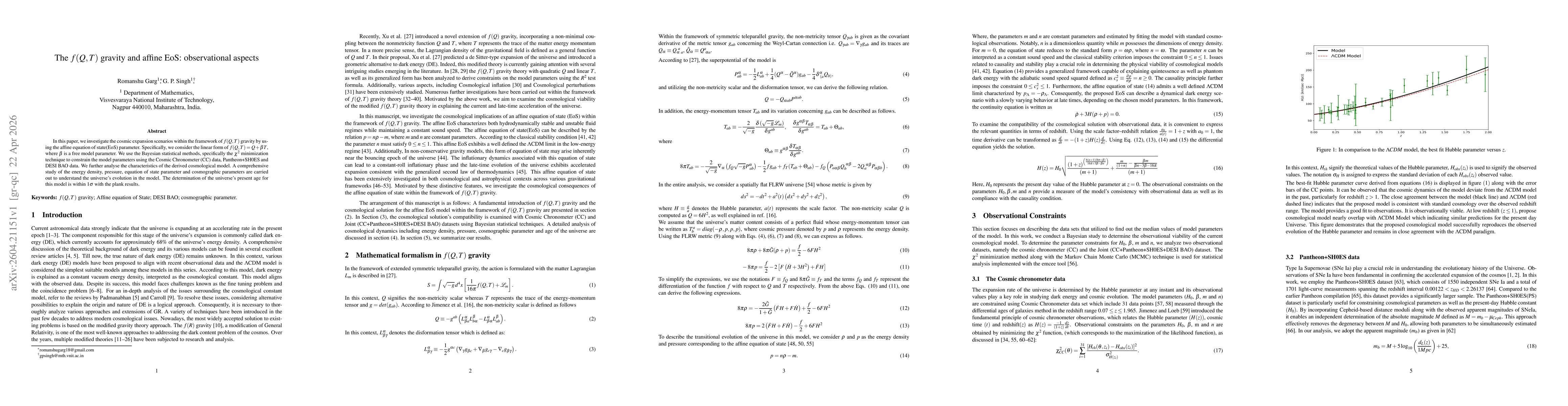 Thumbnail for The $f(Q, T)$ gravity and affine EoS: observational aspects