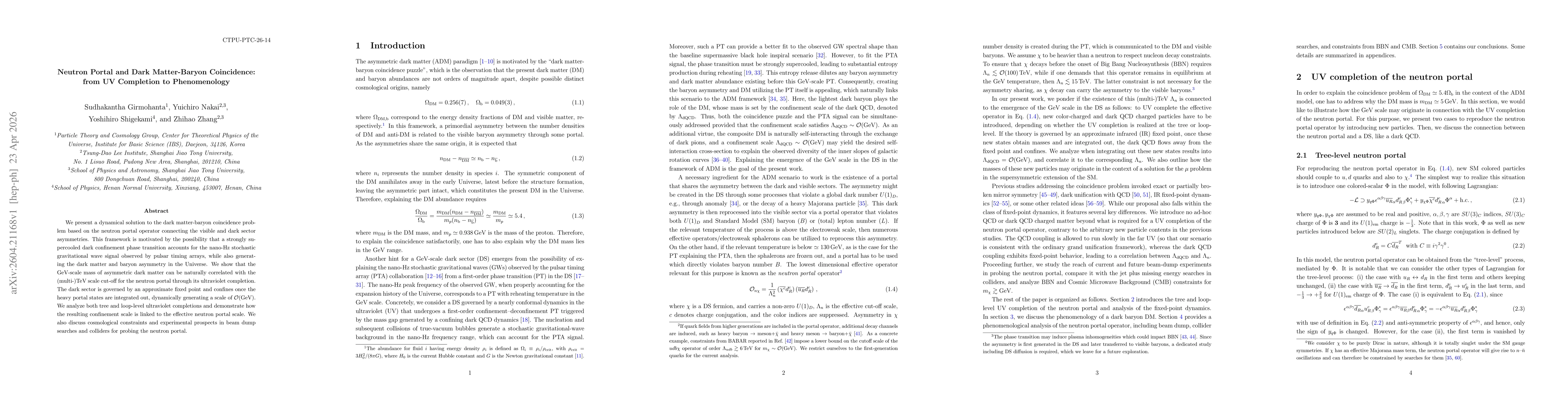 Thumbnail for Neutron Portal and Dark Matter-Baryon Coincidence: from UV Completion to Phenomenology