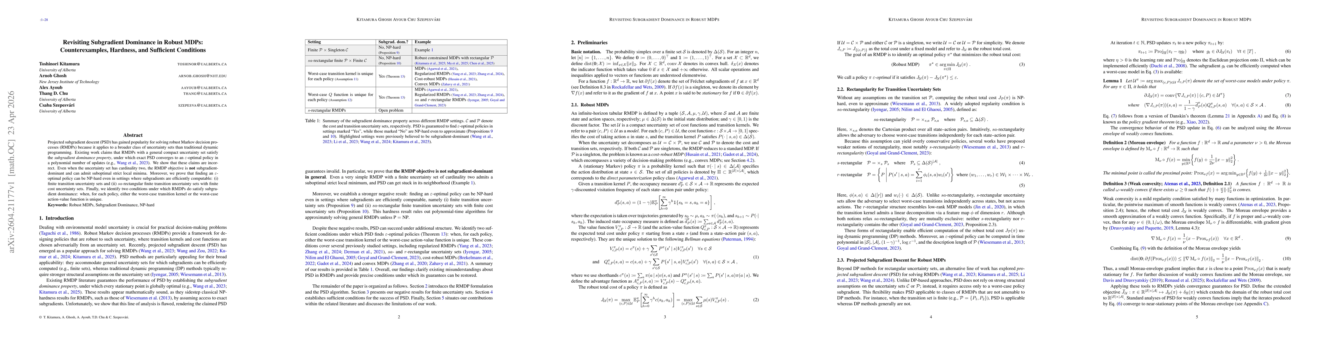 Thumbnail for Revisiting Subgradient Dominance in Robust MDPs: Counterexamples, Hardness, and Sufficient Conditions