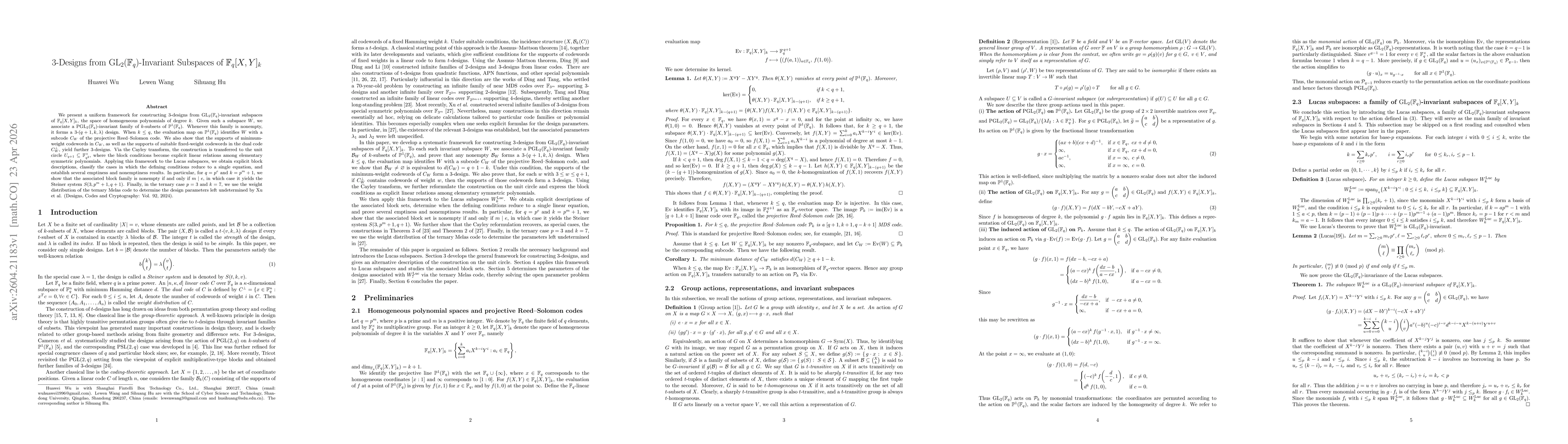 Thumbnail for 3-Designs from $\mathrm{GL}_2(\mathbb{F}_q)$-Invariant Subspaces of $\mathbb F_q[X,Y]_k$