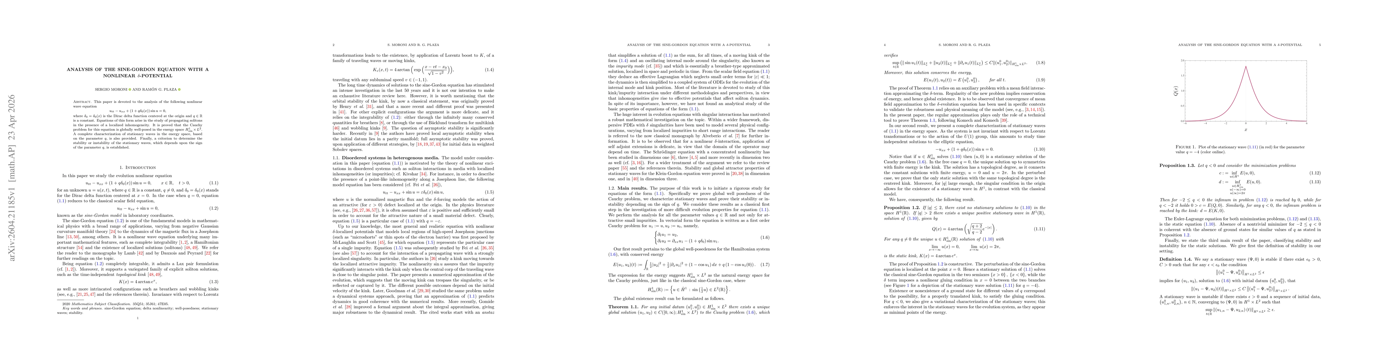 Thumbnail for Analysis of the sine-Gordon equation with a nonlinear $δ$-potential