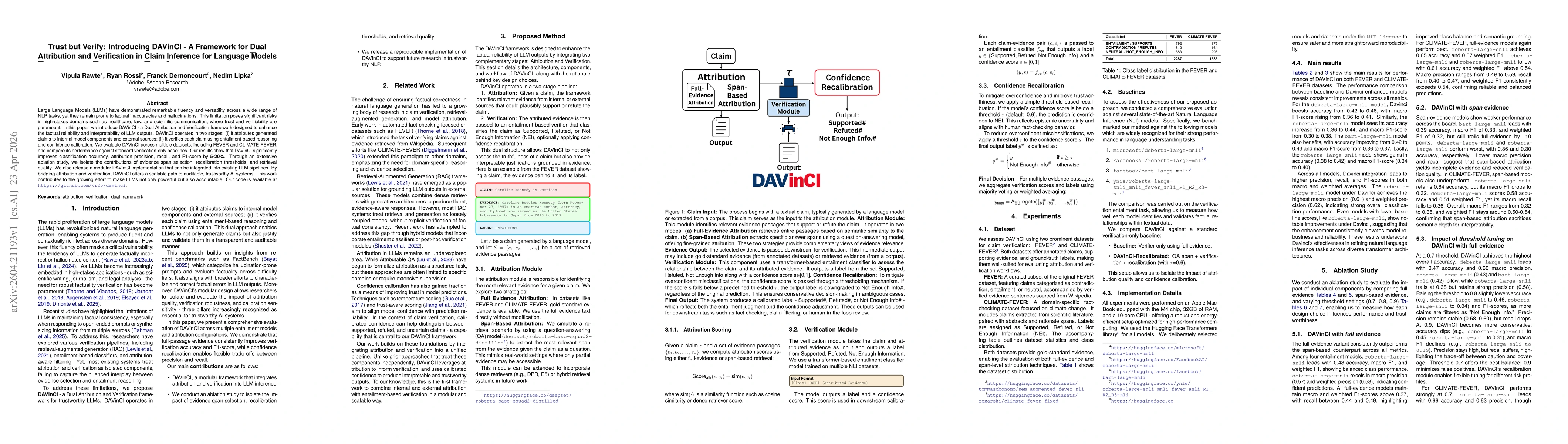 Thumbnail for Trust but Verify: Introducing DAVinCI -- A Framework for Dual Attribution and Verification in Claim Inference for Language Models