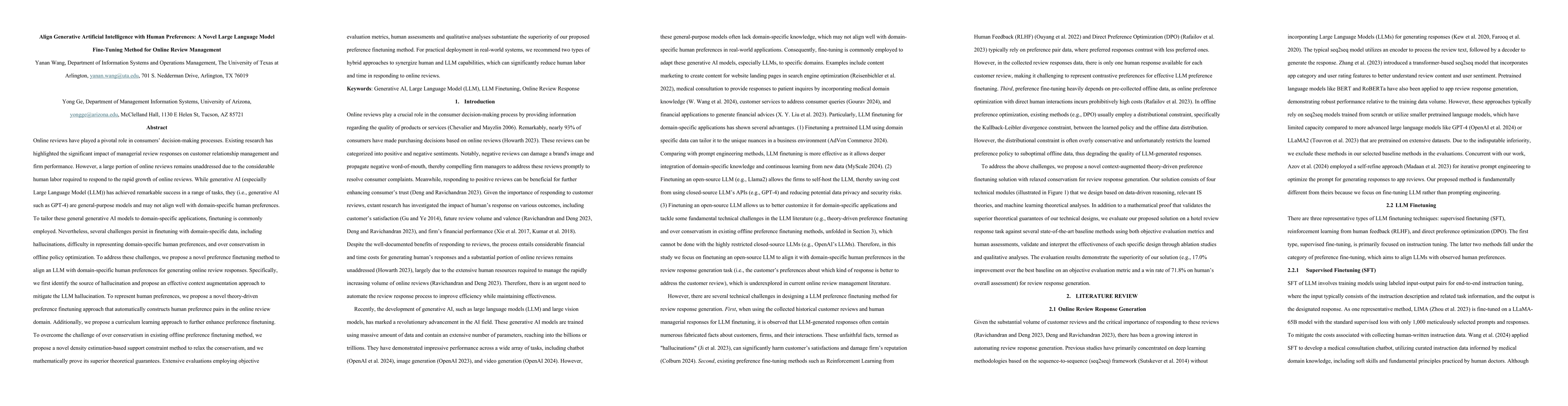 Thumbnail for Align Generative Artificial Intelligence with Human Preferences: A Novel Large Language Model Fine-Tuning Method for Online Review Management