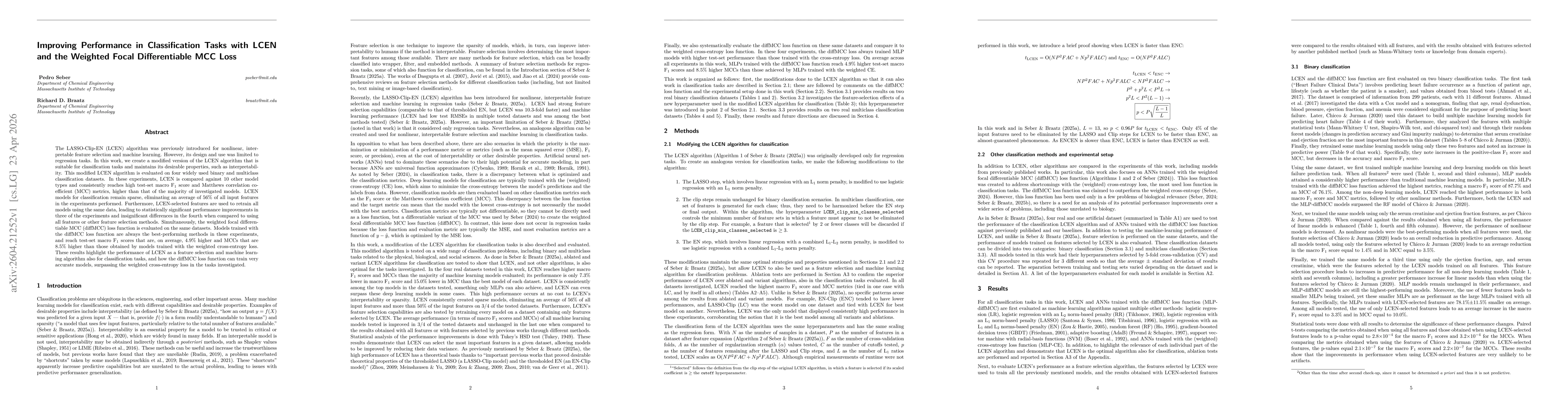 Thumbnail for Improving Performance in Classification Tasks with LCEN and the Weighted Focal Differentiable MCC Loss
