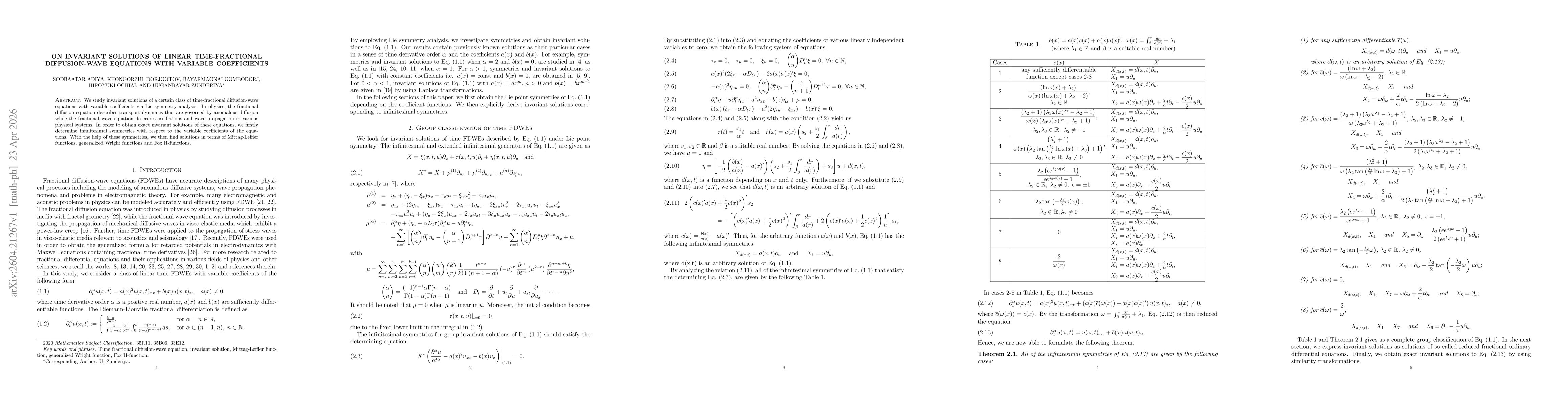 Thumbnail for On invariant solutions of linear time-fractional diffusion-wave equations with variable coefficients