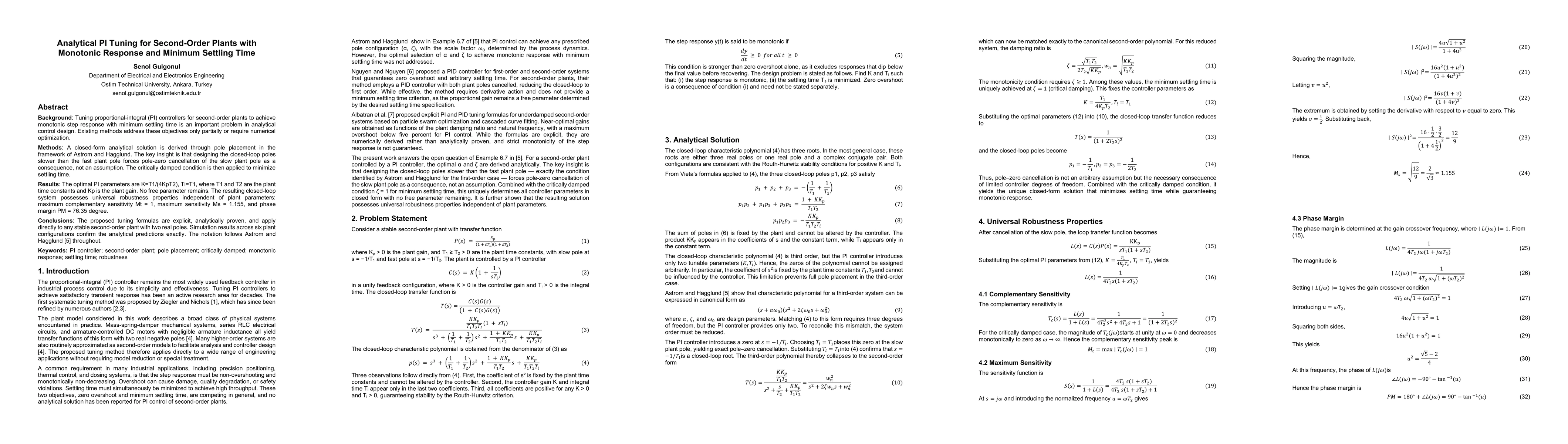 Thumbnail for Analytical PI Tuning for Second-Order Plants with Monotonic Response and Minimum Settling Time