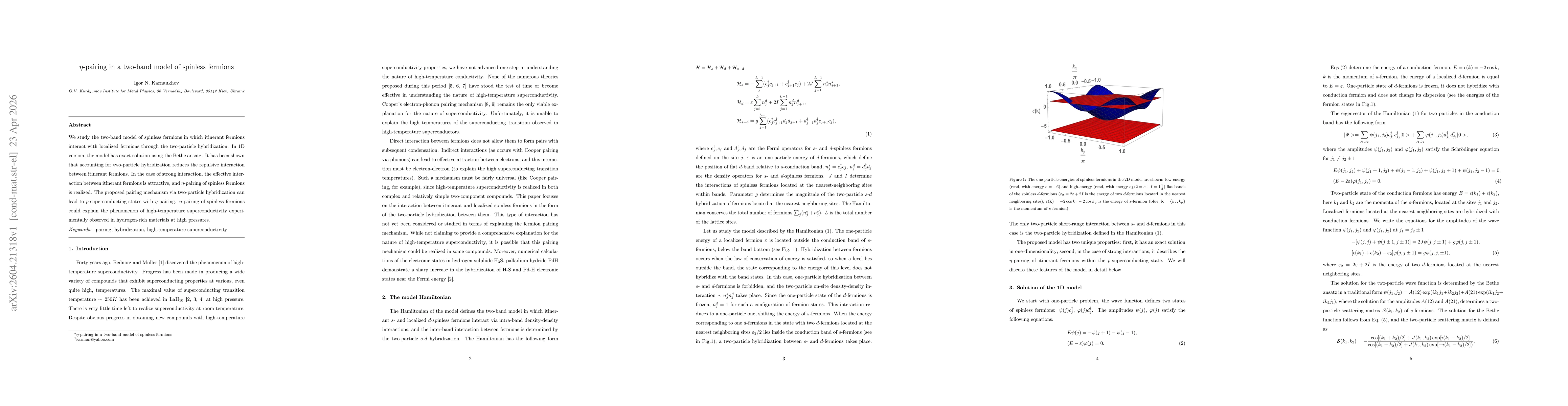 Thumbnail for $η$-pairing in a two-band model of spinless fermions