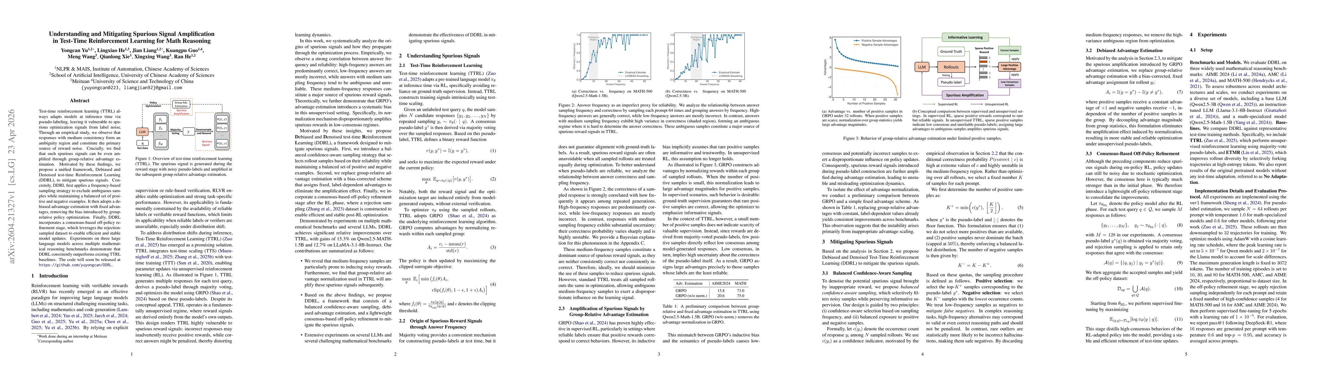 Thumbnail for Understanding and Mitigating Spurious Signal Amplification in Test-Time Reinforcement Learning for Math Reasoning