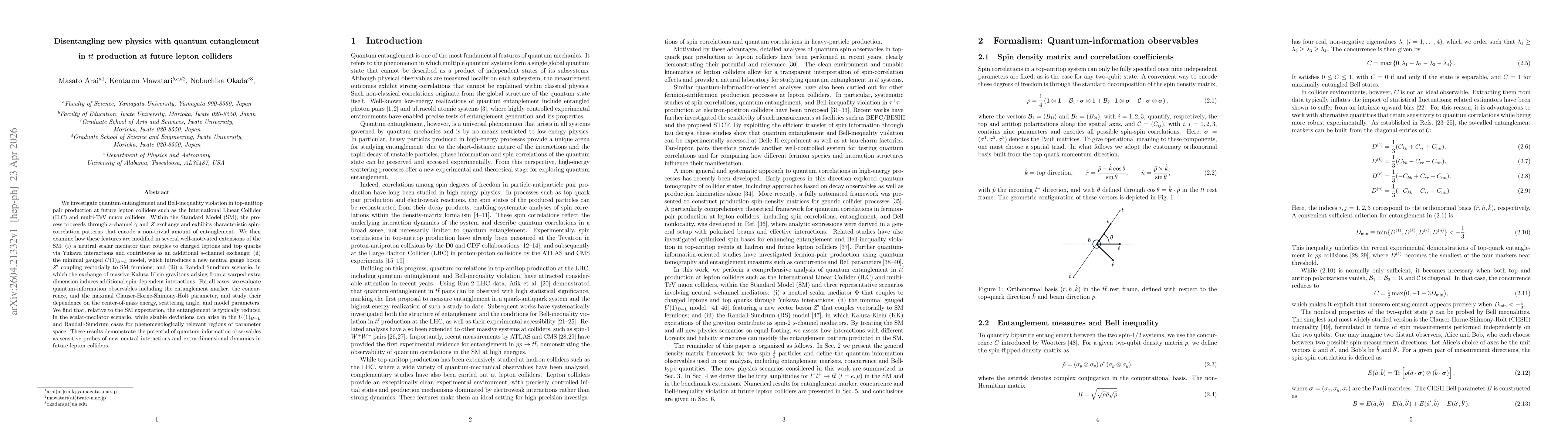 Thumbnail for Disentangling new physics with quantum entanglement in $t\bar{t}$ production at future lepton colliders