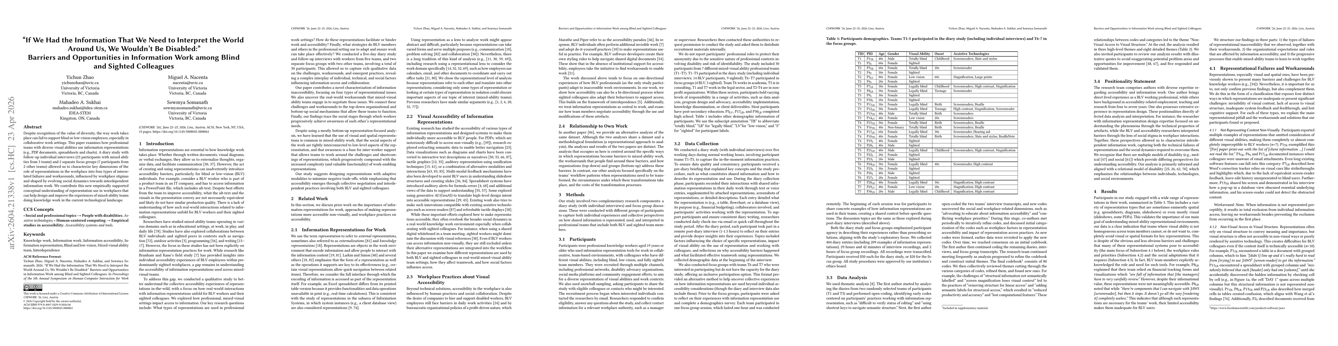 Thumbnail for "If We Had the Information That We Need to Interpret the World Around Us, We Wouldn't Be Disabled:" Barriers and Opportunities in Information Work among Blind and Sighted Colleagues
