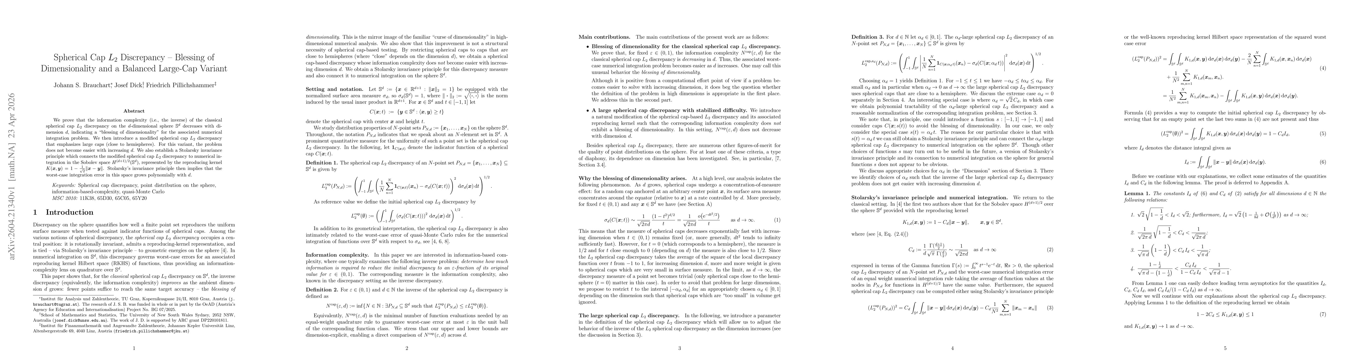 Thumbnail for Spherical Cap $L_2$ Discrepancy -- Blessing of Dimensionality and a Balanced Large-Cap Variant