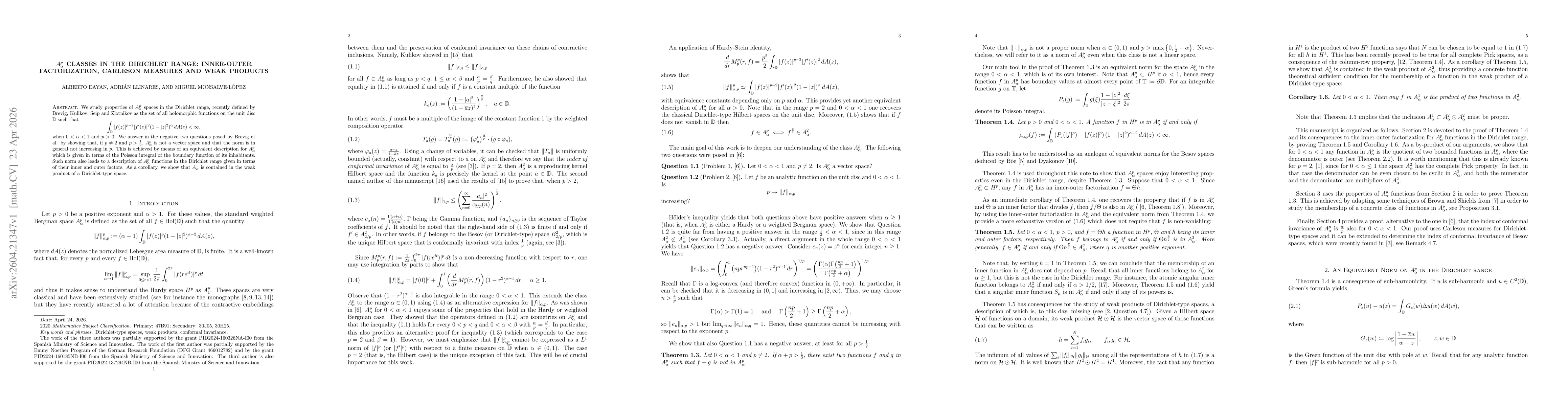 Thumbnail for $A^p_α$ classes in the Dirichlet range: inner-outer factorization, Carleson measures and weak products