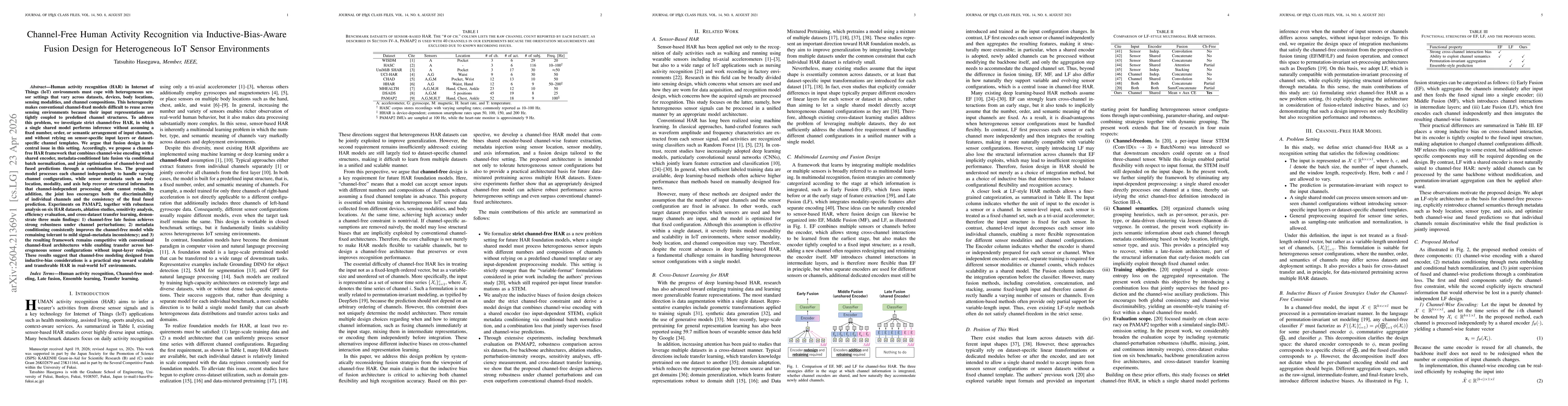 Thumbnail for Channel-Free Human Activity Recognition via Inductive-Bias-Aware Fusion Design for Heterogeneous IoT Sensor Environments