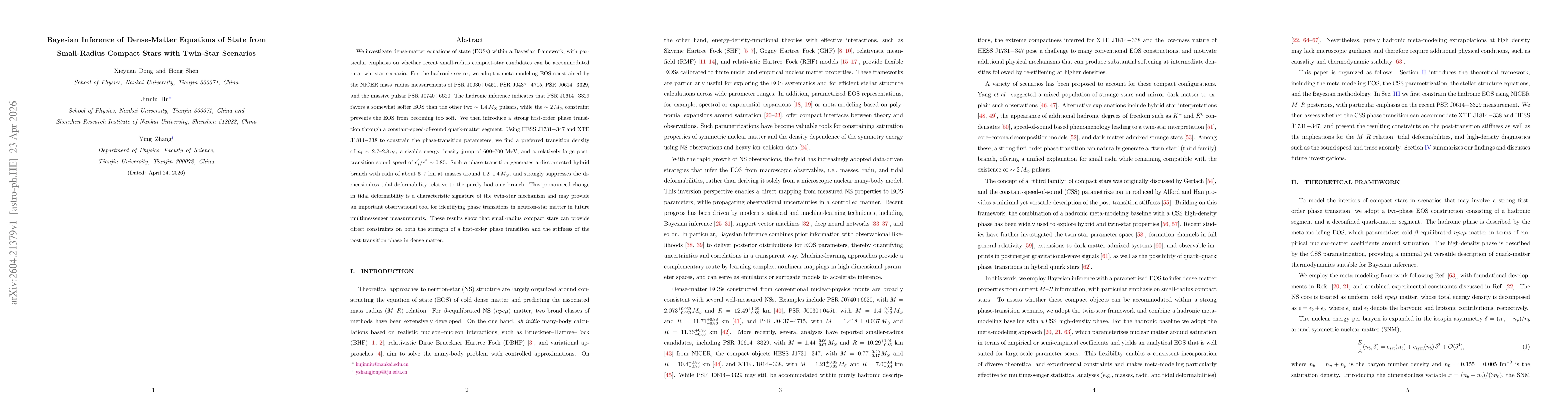 Thumbnail for Bayesian Inference of Dense-Matter Equations of State from Small-Radius Compact Stars with Twin-Star Scenarios