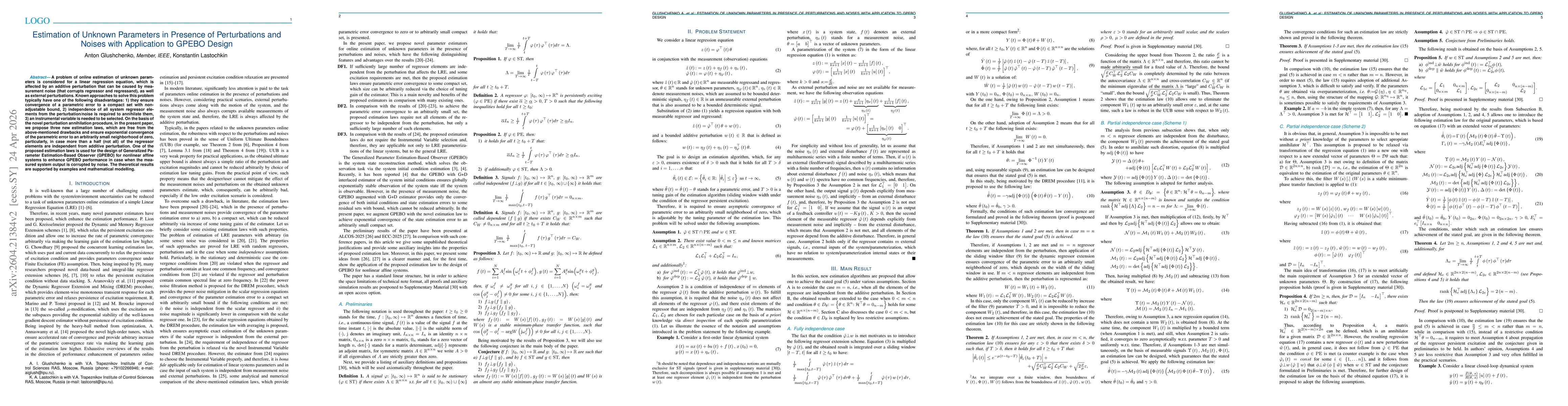 Thumbnail for Estimation of Unknown Parameters in Presence of Perturbations and Noises with Application to GPEBO Design
