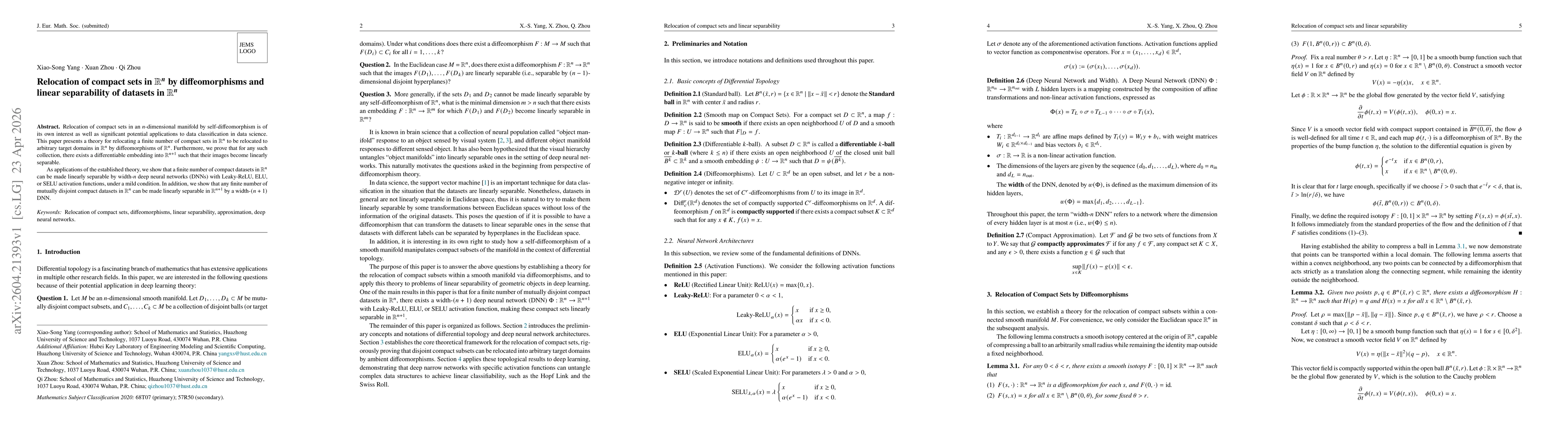 Thumbnail for Relocation of compact sets in $\mathbb{R}^n$ by diffeomorphisms and linear separability of datasets in $\mathbb{R}^n$