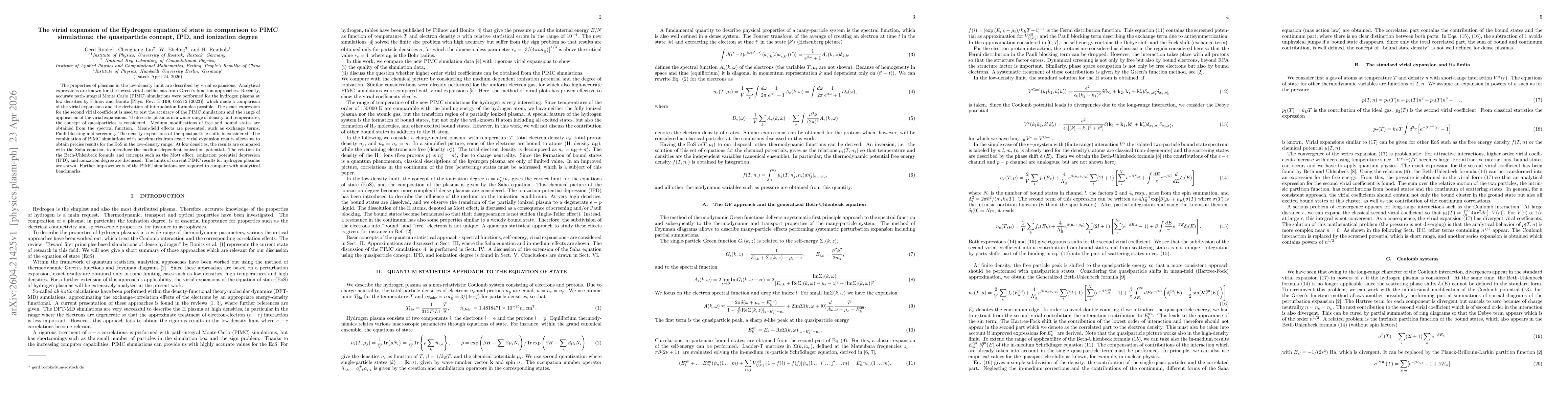 Thumbnail for The virial expansion of the Hydrogen equation of state in comparison to PIMC simulations: the quasiparticle concept, IPD, and ionization degree
