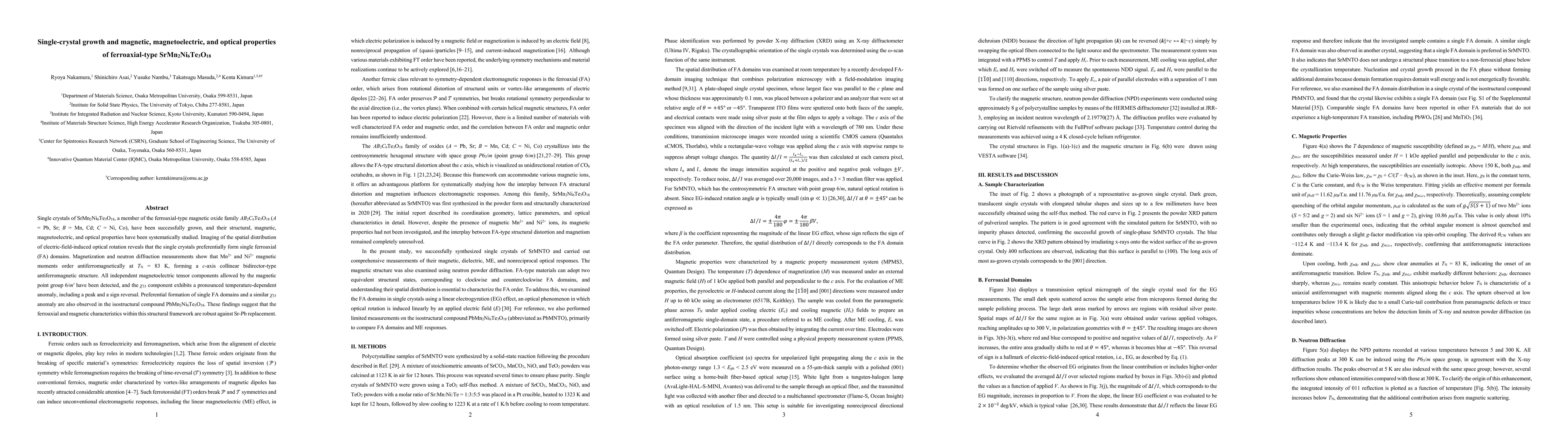 Thumbnail for Single-crystal growth and magnetic, magnetoelectric, and optical properties of ferroaxial-type SrMn$_2$Ni$_6$Te$_3$O$_{18}$