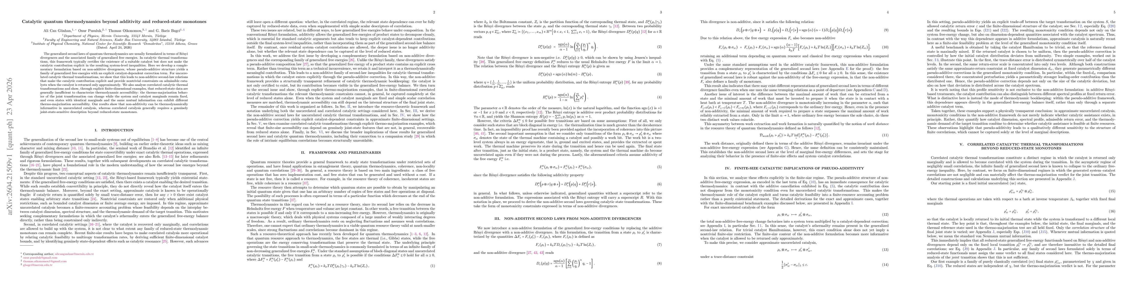 Thumbnail for Catalytic quantum thermodynamics beyond additivity and reduced-state monotones