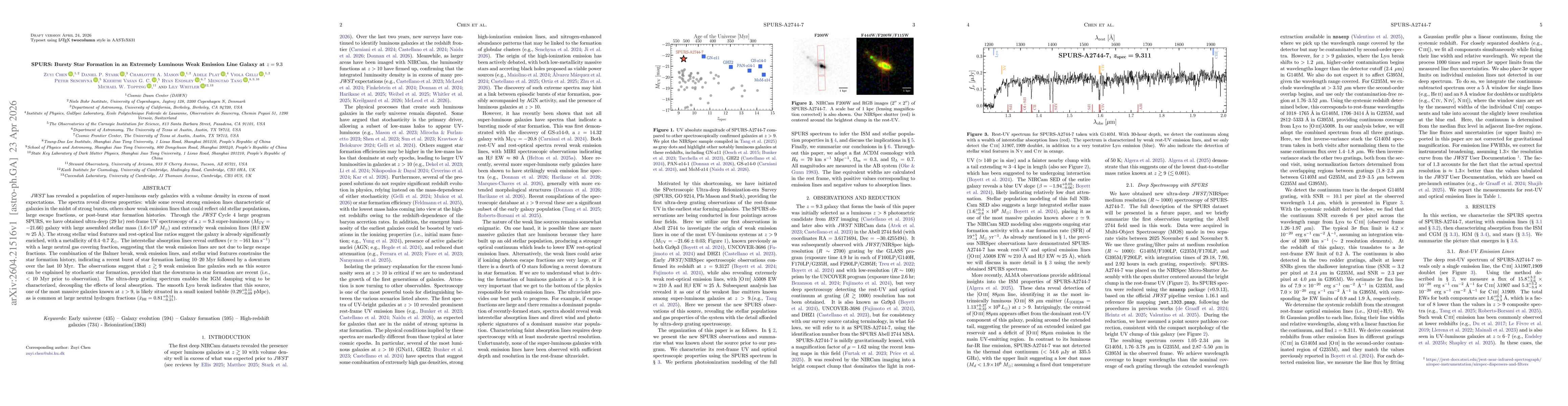 Thumbnail for SPURS: Bursty Star Formation in an Extremely Luminous Weak Emission Line Galaxy at $z=9.3$