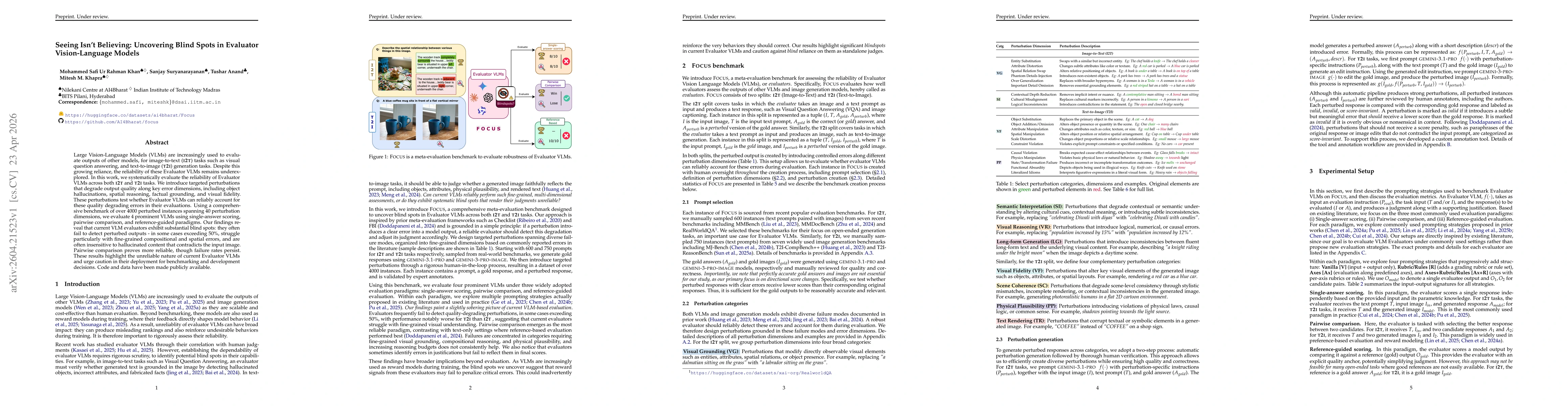 Thumbnail for Seeing Isn't Believing: Uncovering Blind Spots in Evaluator Vision-Language Models