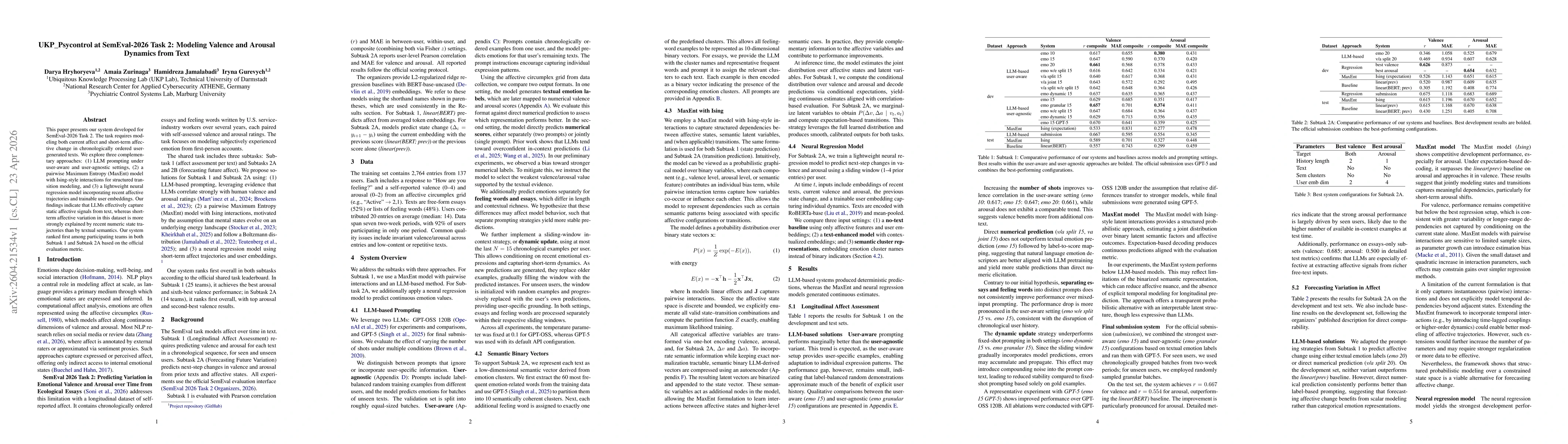 Thumbnail for UKP_Psycontrol at SemEval-2026 Task 2: Modeling Valence and Arousal Dynamics from Text