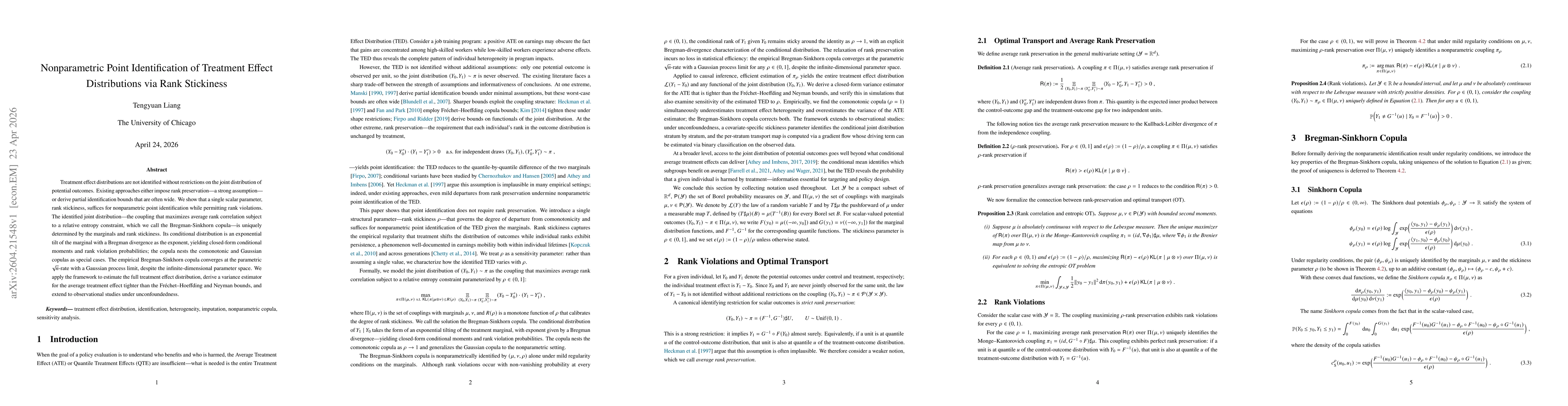 Thumbnail for Nonparametric Point Identification of Treatment Effect Distributions via Rank Stickiness