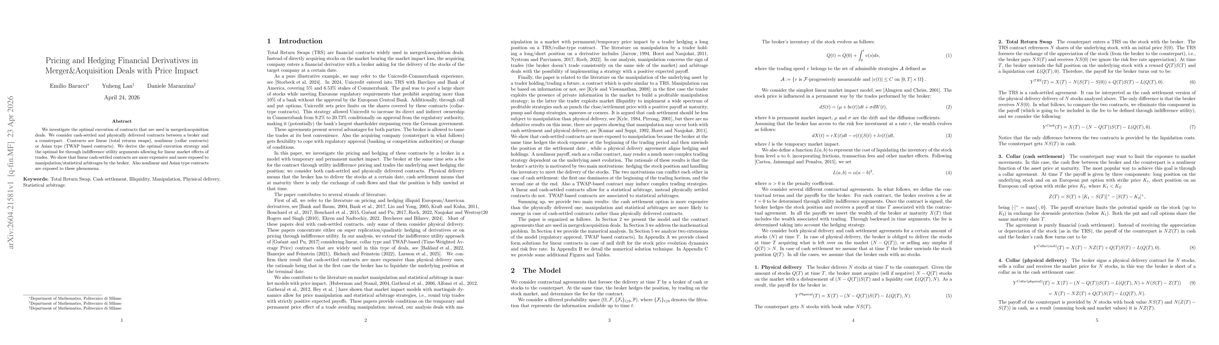 Thumbnail for Pricing and Hedging Financial Derivatives in Merger\&Acquisition Deals with Price Impact