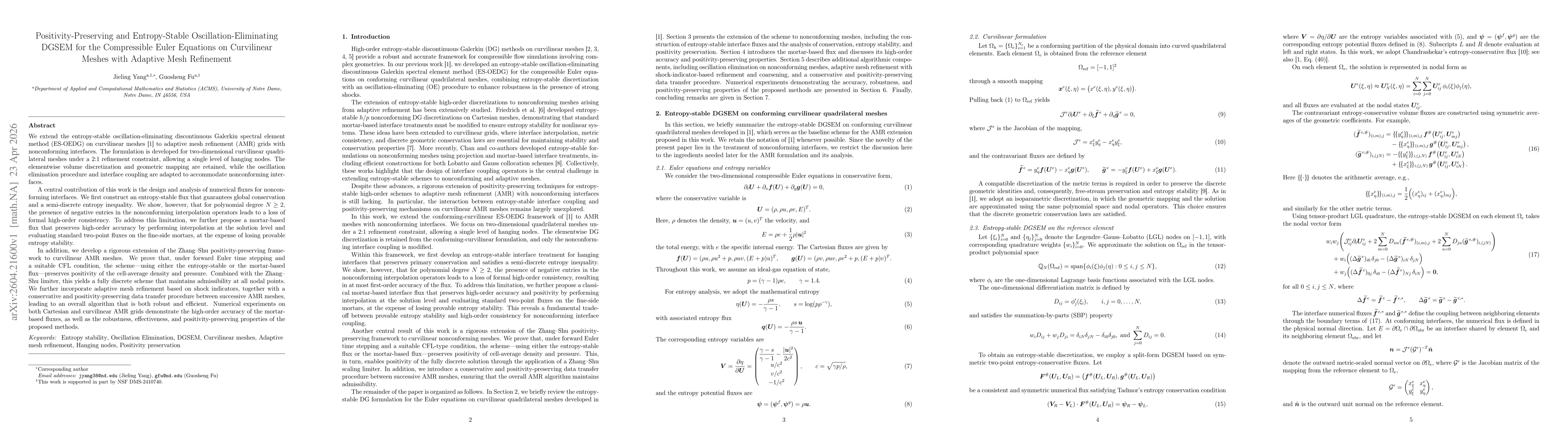 Thumbnail for Positivity-Preserving and Entropy-Stable Oscillation-Eliminating DGSEM for the Compressible Euler Equations on Curvilinear Meshes with Adaptive Mesh Refinement