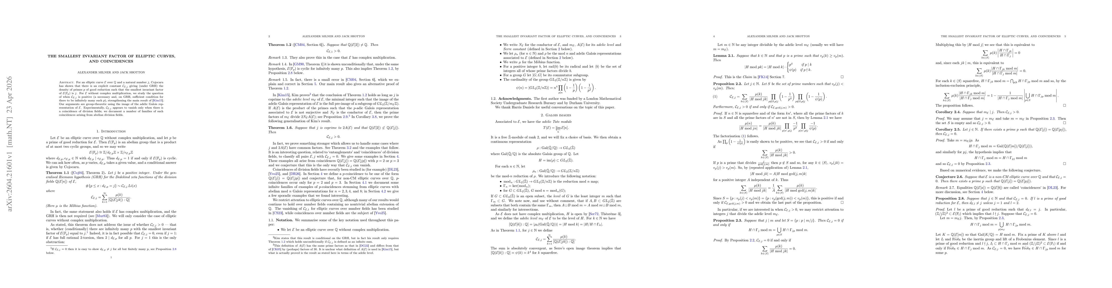 Thumbnail for The Smallest Invariant Factor of Elliptic Curves, and Coincidences