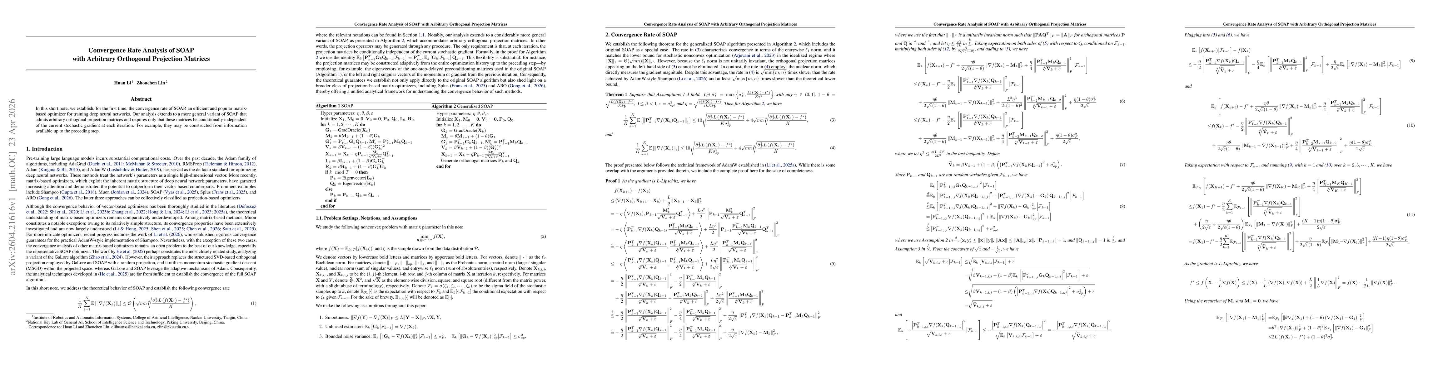 Thumbnail for Convergence Rate Analysis of SOAP with Arbitrary Orthogonal Projection Matrices