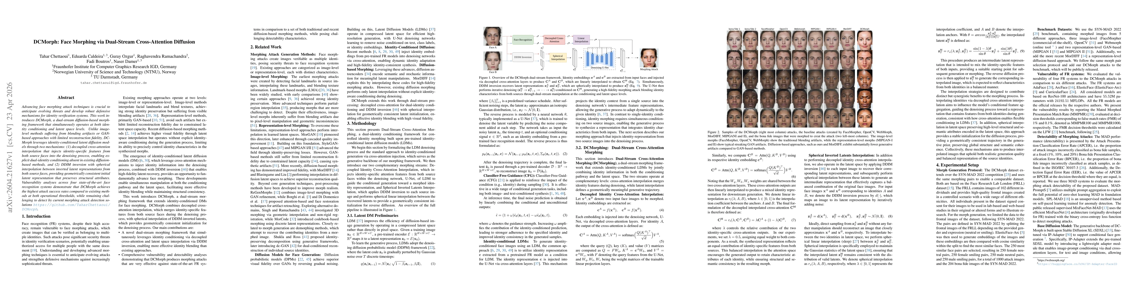 Thumbnail for DCMorph: Face Morphing via Dual-Stream Cross-Attention Diffusion