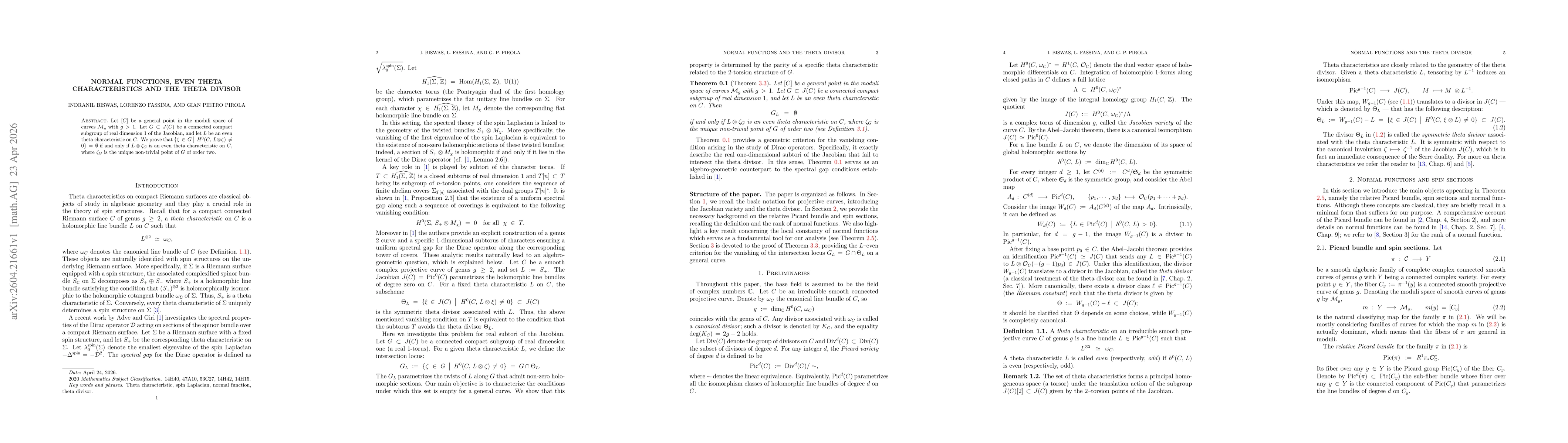 Thumbnail for Normal Functions, Even Theta Characteristics and the Theta Divisor