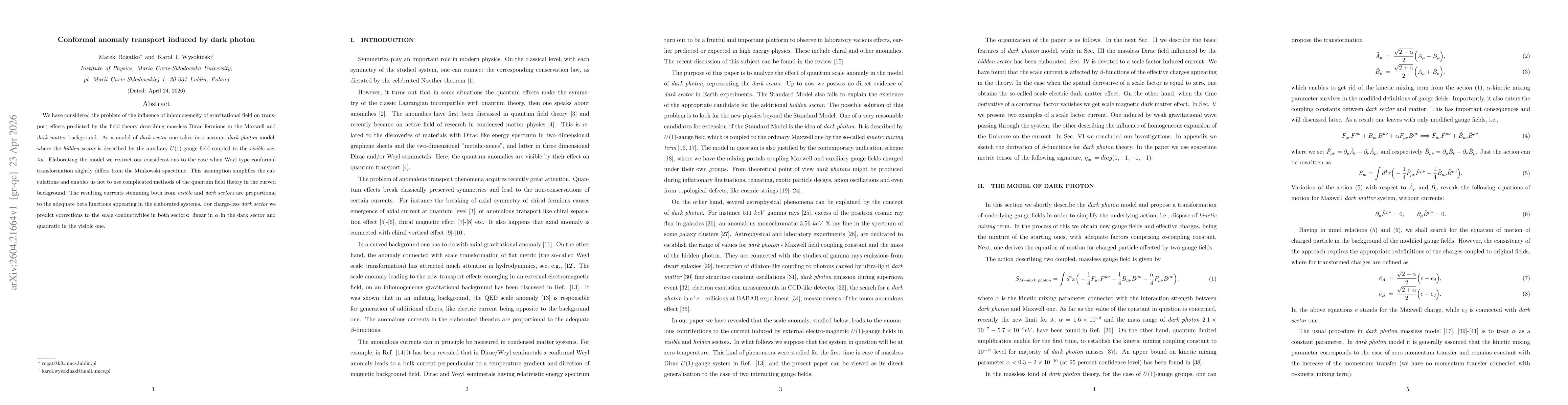 Thumbnail for Conformal anomaly transport induced by dark photon