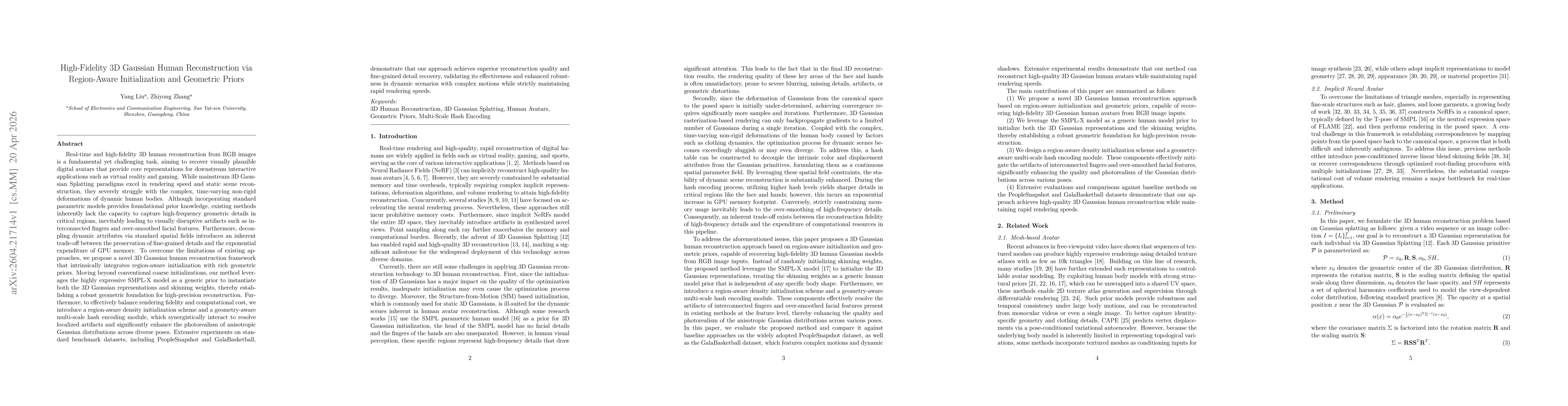 Thumbnail for High-Fidelity 3D Gaussian Human Reconstruction via Region-Aware Initialization and Geometric Priors