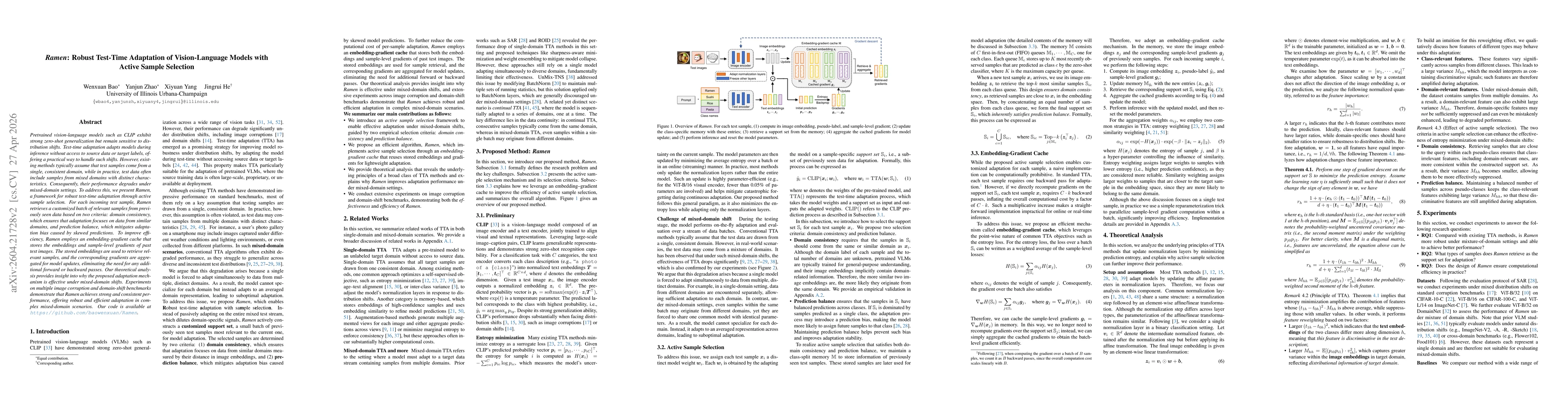 Thumbnail for Ramen: Robust Test-Time Adaptation of Vision-Language Models with Active Sample Selection