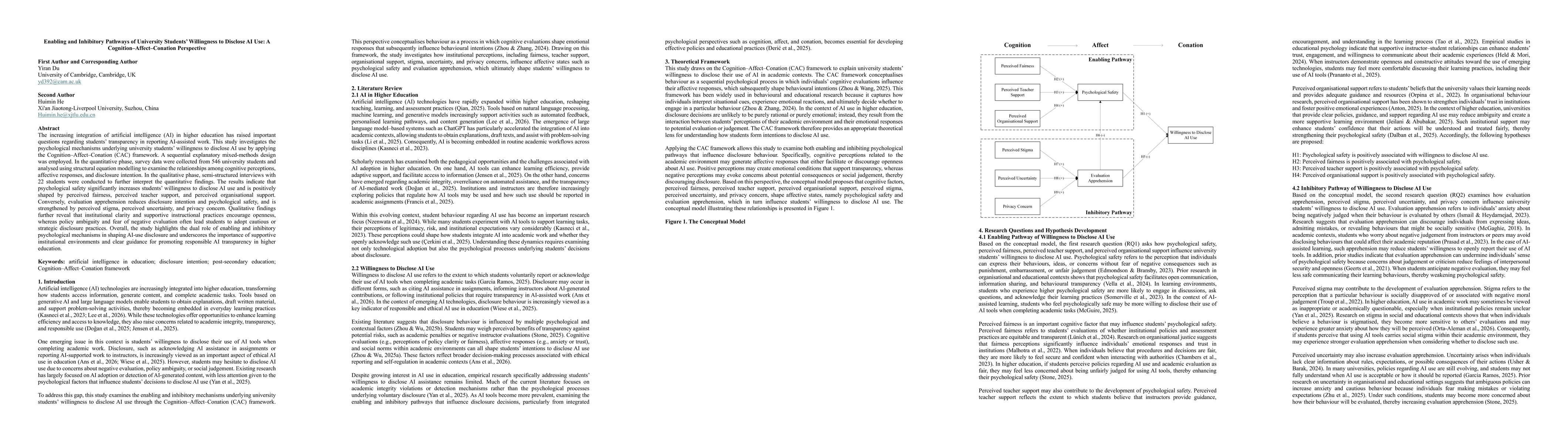 Thumbnail for Enabling and Inhibitory Pathways of University Students' Willingness to Disclose AI Use: A Cognition-Affect-Conation Perspective