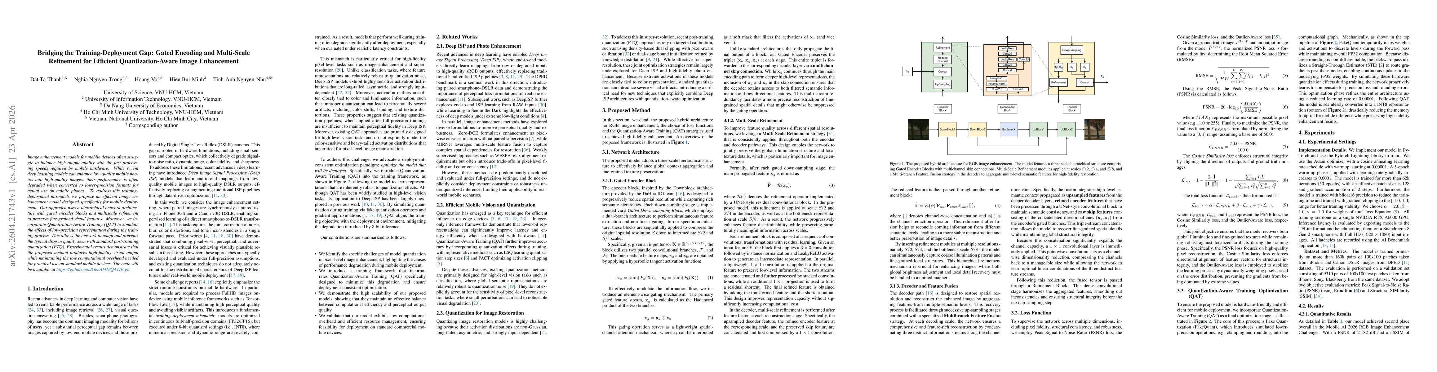 Thumbnail for Bridging the Training-Deployment Gap: Gated Encoding and Multi-Scale Refinement for Efficient Quantization-Aware Image Enhancement