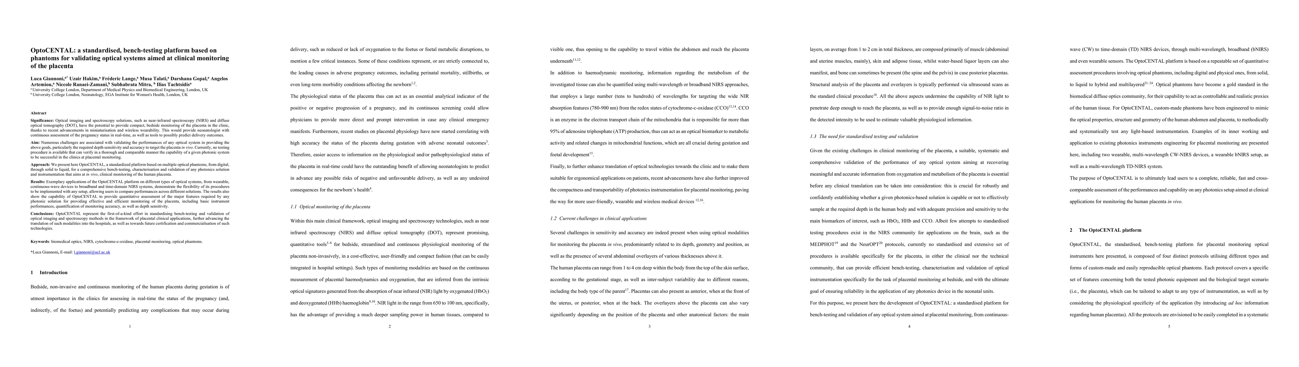 Thumbnail for OptoCENTAL: a standardised, bench-testing platform based on phantoms for validating optical systems aimed at clinical monitoring of the placenta