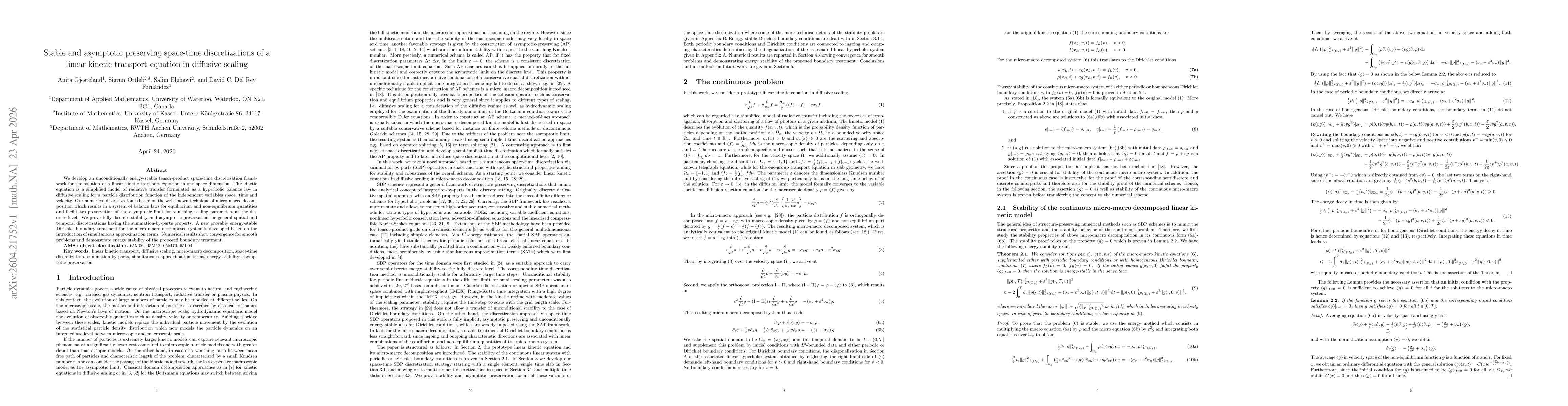 Thumbnail for Stable and asymptotic preserving space-time discretizations of a linear kinetic transport equation in diffusive scaling