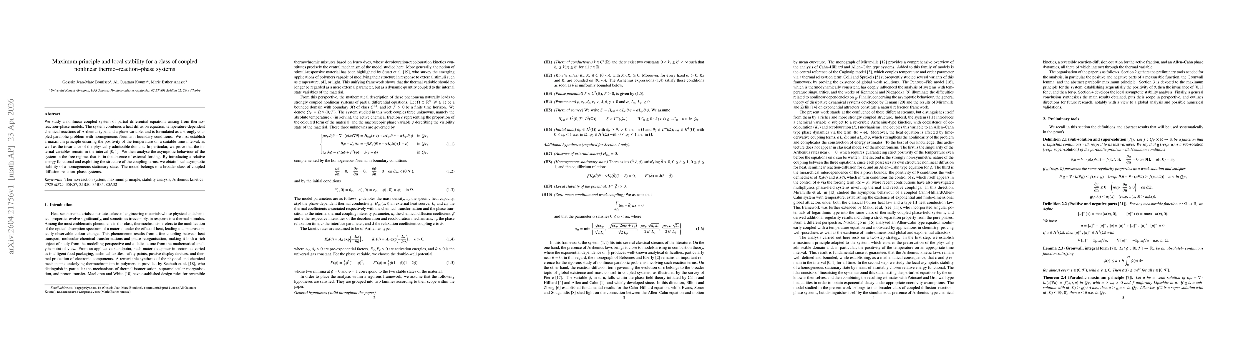 Thumbnail for Maximum principle and local stability for a class of coupled nonlinear thermo--reaction--phase systems
