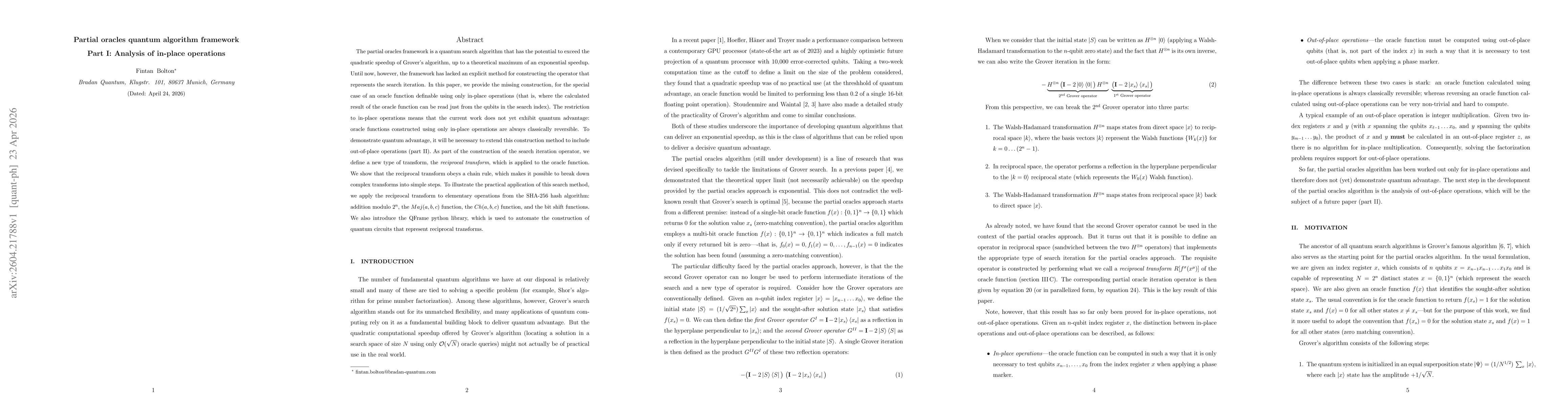 Thumbnail for Partial oracles quantum algorithm framework -- Part I: Analysis of in-place operations