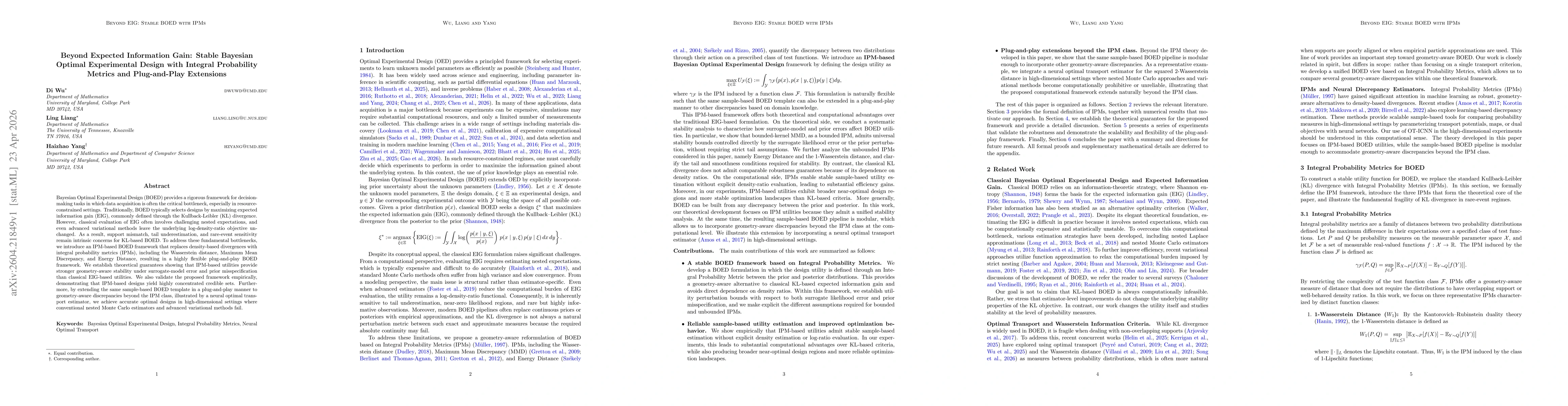 Thumbnail for Beyond Expected Information Gain: Stable Bayesian Optimal Experimental Design with Integral Probability Metrics and Plug-and-Play Extensions