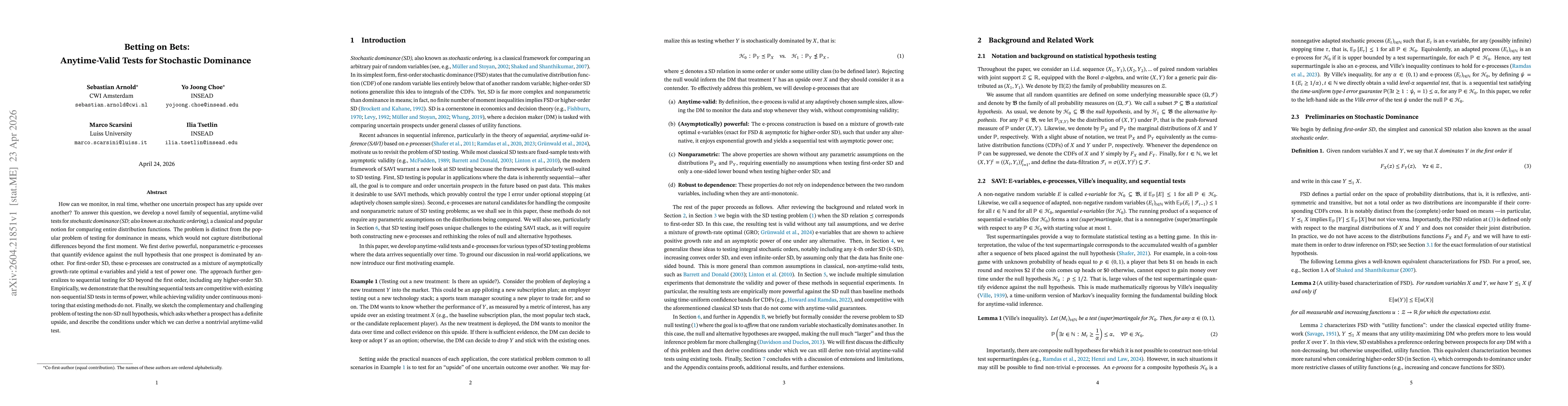 Thumbnail for Betting on Bets: Anytime-Valid Tests for Stochastic Dominance