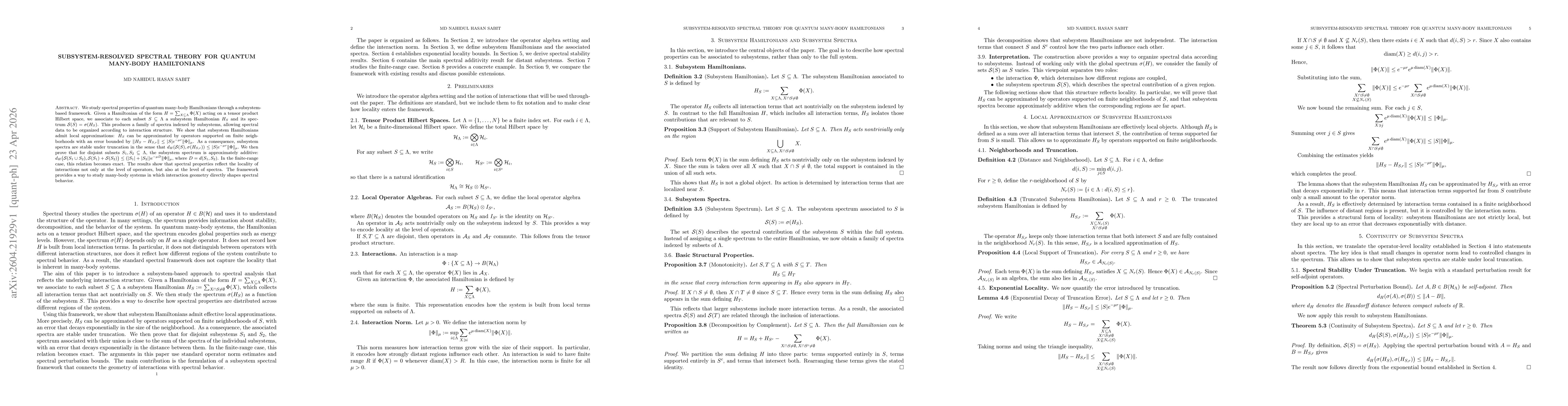Thumbnail for Subsystem-Resolved Spectral Theory for Quantum Many-Body Hamiltonians