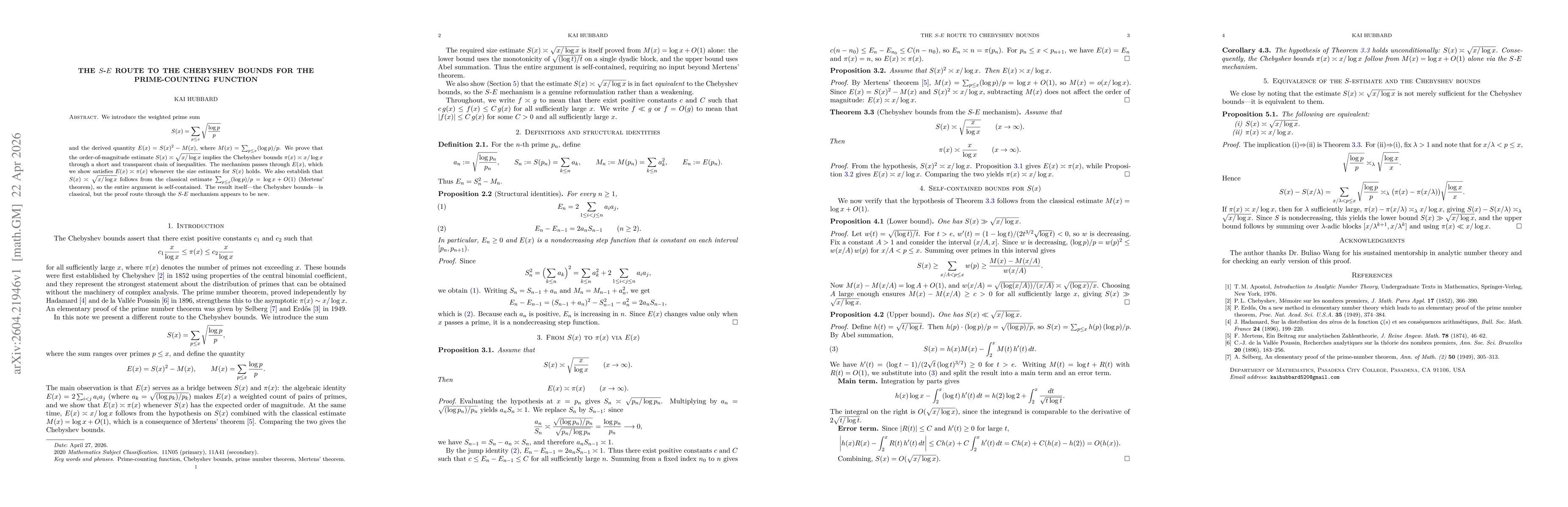 Thumbnail for The $S$-$E$ route to the Chebyshev bounds for the prime-counting function