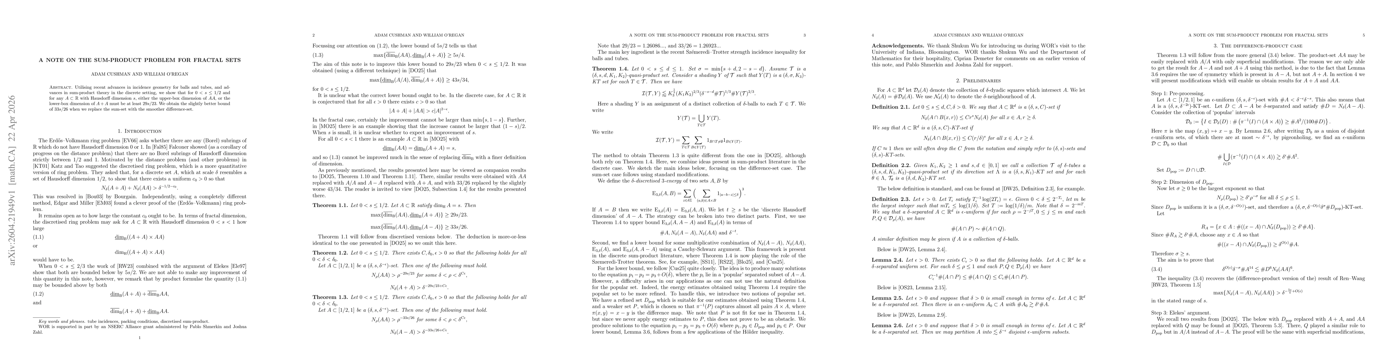 Thumbnail for A note on the sum-product problem for fractal sets